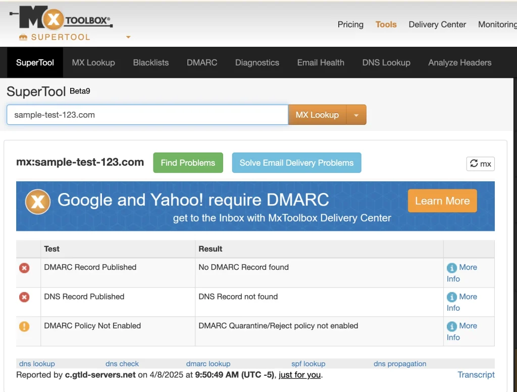 A DMARC record without a "p=" tag, like "v=DMARC1; rua=mailto:reports@yourdomain.com;", is invalid and won't enforce a policy.