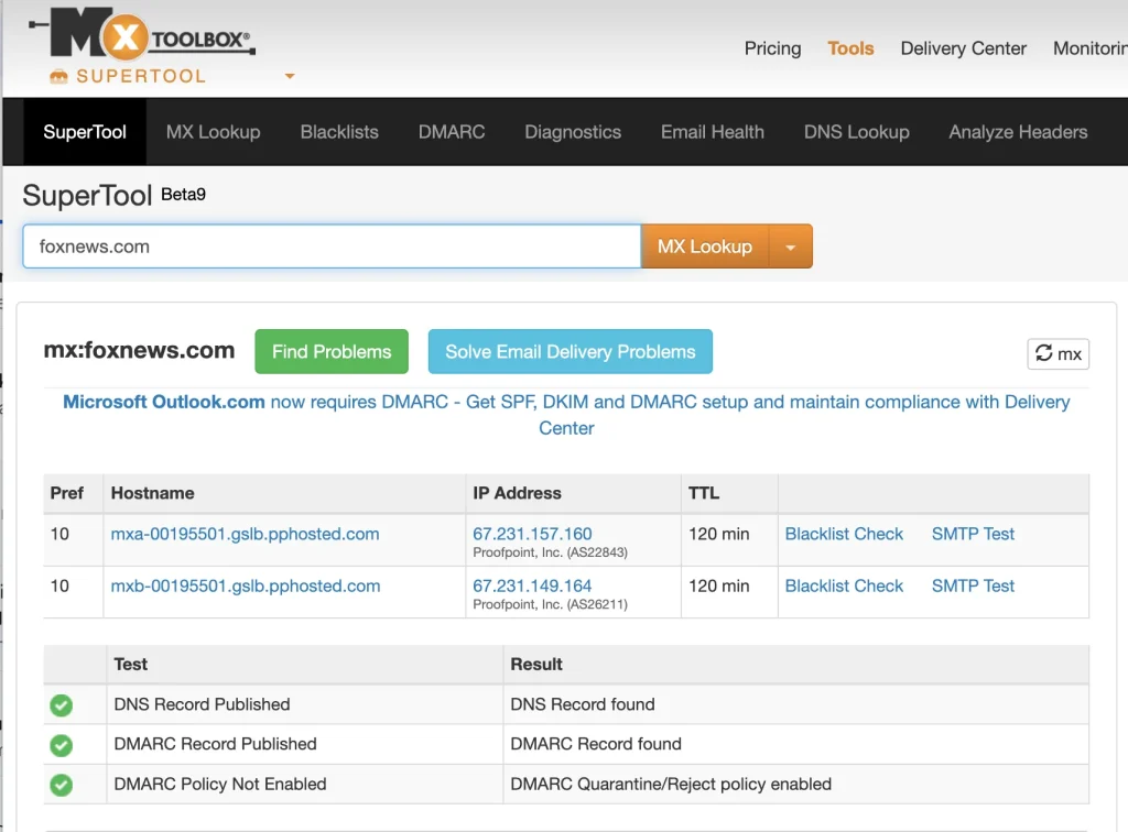 MXToolbox validates this SPF, showing proper inclusion of internal IPs and third-party services, with a strict fail (-all) for unauthorized senders.